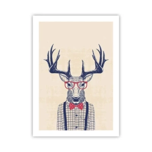 Poster - Stilvoller Hirsch mit Brille und Fliege auf beigem Hintergrund - 50x70cm - Eine lustige Extravaganz - Moderne Wanddekoration für Wohnzimmer und Schlafzimmer ARTTOR