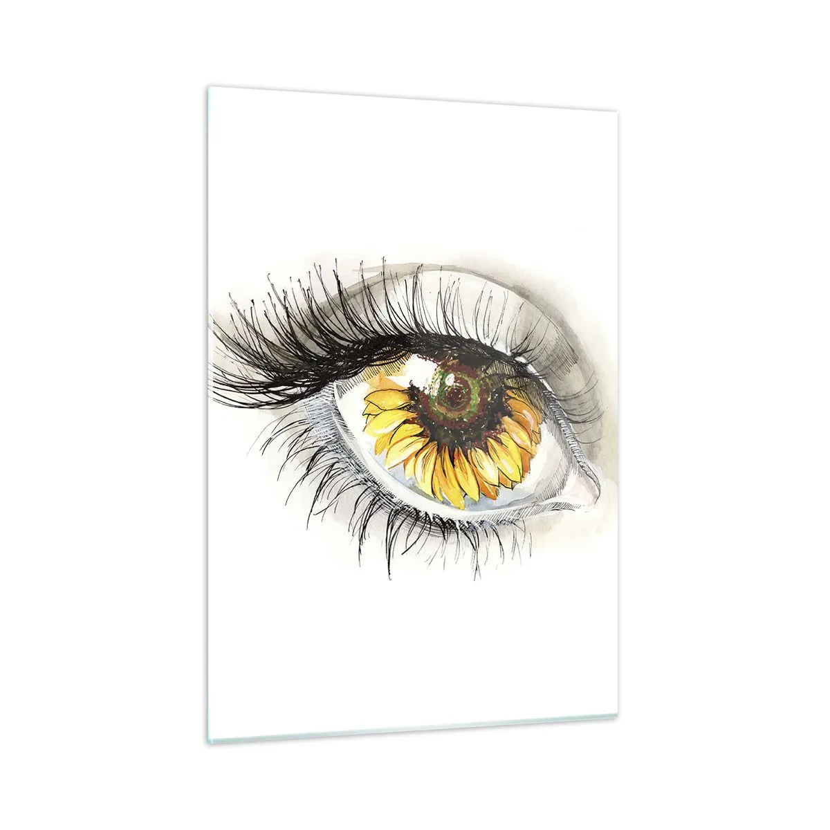 Glasbild - Bild auf glas - Ein Auge mit Sonnenblumenmotiv, umgeben von zarten Details - 50x70cm - Ein Look so heiß wie der Sommer - Moderne Wanddekoration für Wohnzimmer und Schlafzimmer ARTTOR
