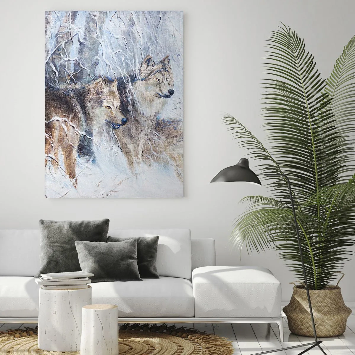 Glasbild - Bild auf glas - Drei Wölfe in einem Winterwald, umgeben von Schnee - 50x70cm - Beachtung! Hier kommt ... - Moderne Wanddekoration für Wohnzimmer und Schlafzimmer ARTTOR