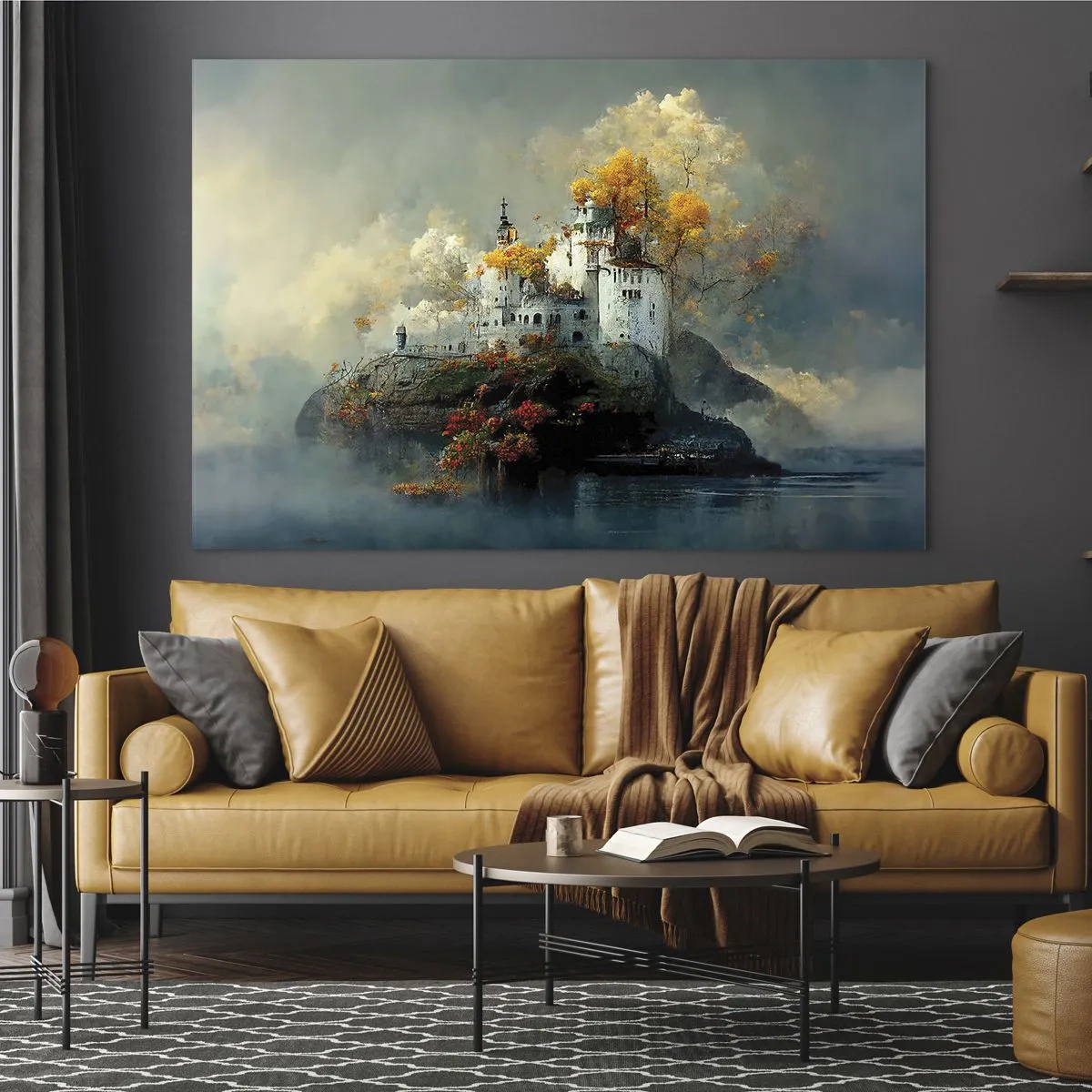 Glasbild - Bild auf glas - Eine Burg auf einem Felsen, umgeben von Nebel und Herbstbäumen - 70x50cm - Beginn einer romantischen Geschichte - Moderne Wanddekoration für Wohnzimmer und Schlafzimmer ARTTOR