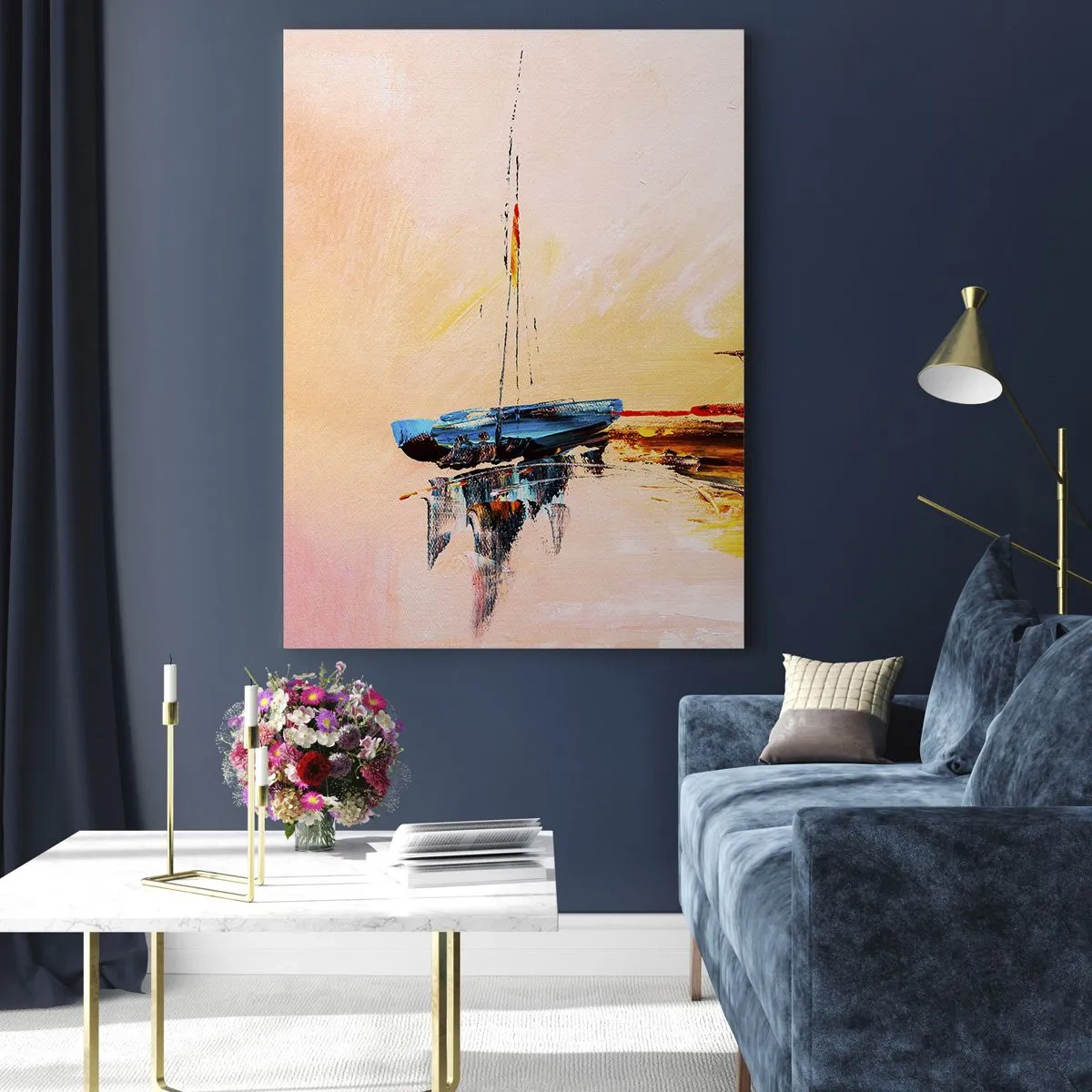 Glasbild - Bild auf glas - Bunte Boote vor der Kulisse eines impressionistischen Sonnenuntergangs - 50x70cm - Abend im Yachthafen - Moderne Wanddekoration für Wohnzimmer und Schlafzimmer ARTTOR