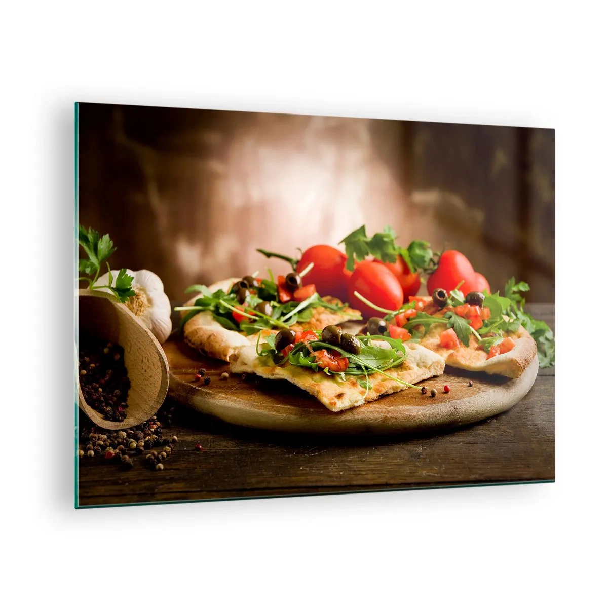 Glasbild - Bild auf glas - Pizza auf einem Holzbrett mit Rucola und Tomaten - 70x50cm - Direkt vom Herd und aus dem Garten - Moderne Wanddekoration für Wohnzimmer und Schlafzimmer ARTTOR