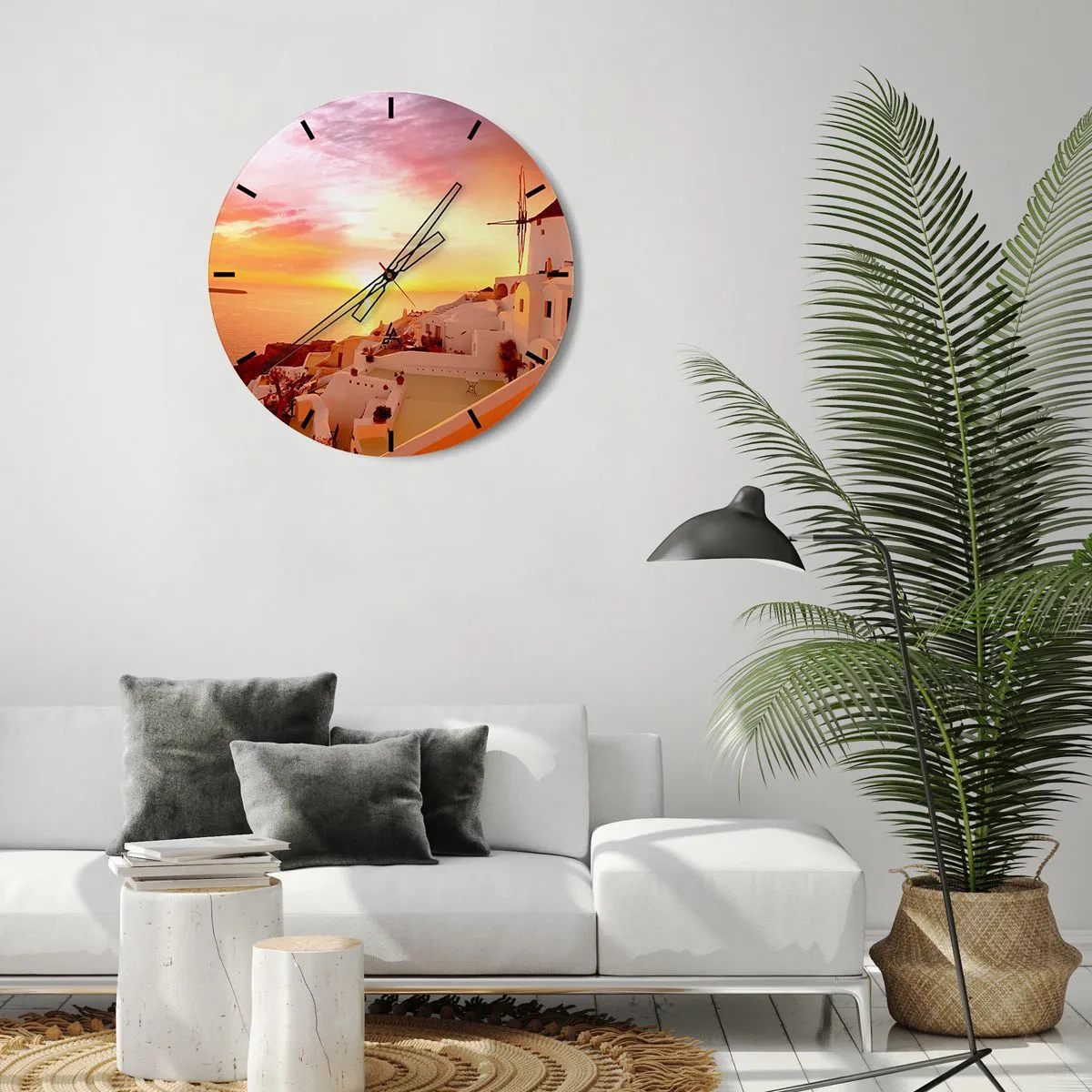 Wanduhr - Glasuhr - Blick auf griechische Architektur bei Sonnenuntergang - 30x30cm - In Weiß und Gold schmelzen - Moderne Wanddekoration für Wohnzimmer, Küche und Schlafzimmer ARTTOR