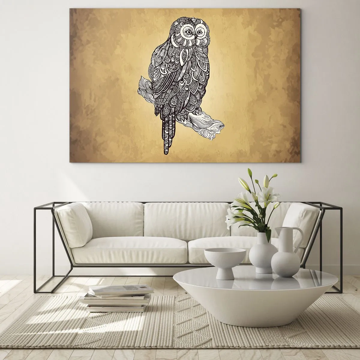Glasbild - Bild auf glas - Ornamentale Eule auf Sepia-Hintergrund - 100x70cm - Kunstvolle Ornamente der Weisheit - Moderne Wanddekoration für Wohnzimmer und Schlafzimmer ARTTOR