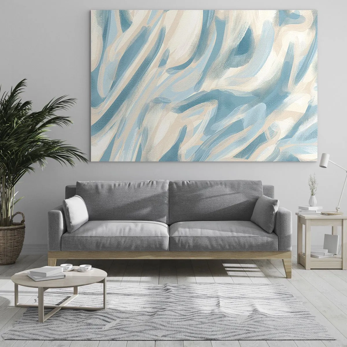 Glasbild - Bild auf glas - Abstrakte Pinselstriche in Blau- und Cremefarben. - 100x70cm - Frühlingsbrisen - Moderne Wanddekoration für Wohnzimmer und Schlafzimmer ARTTOR