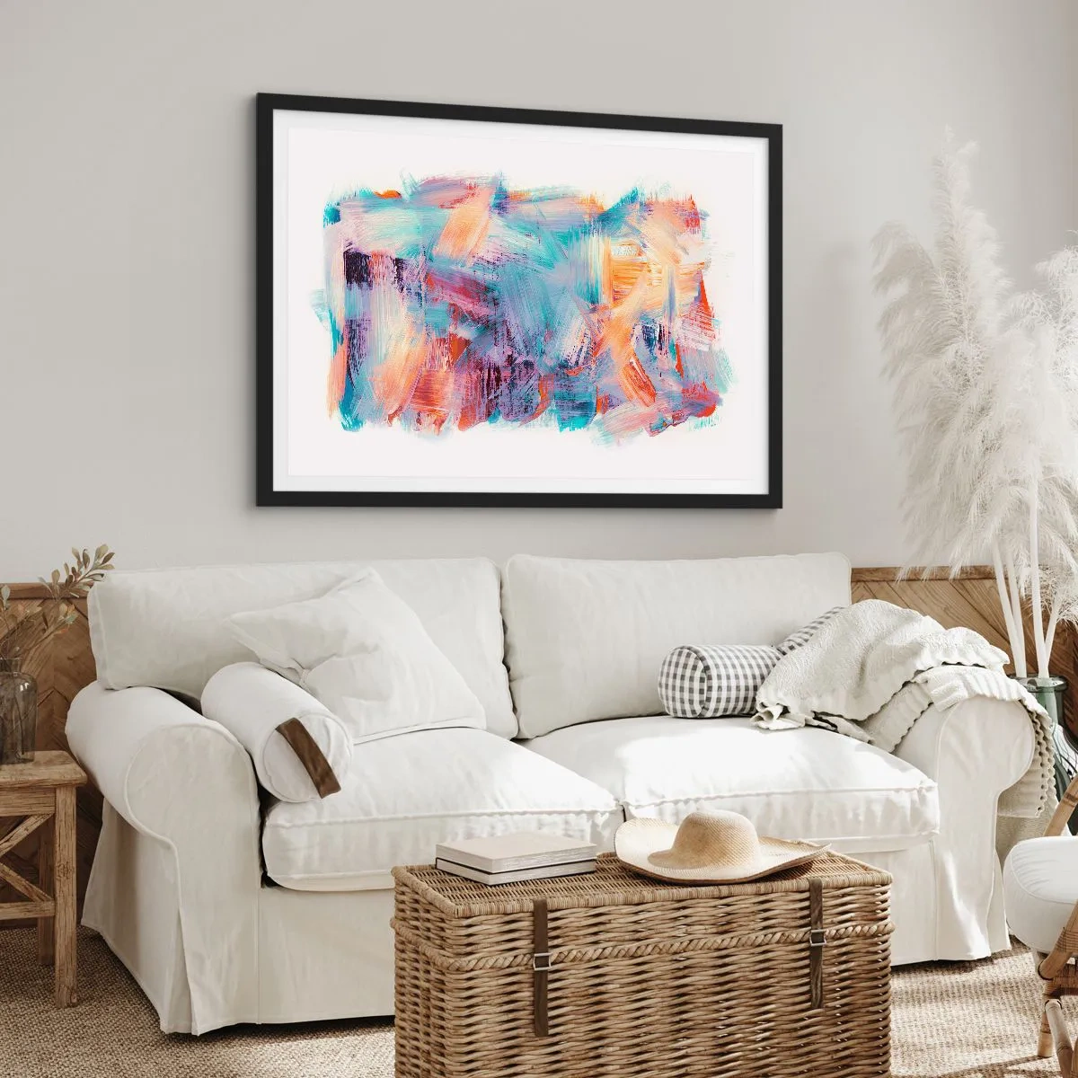 Poster in einem schwarzem Rahmen - Bunte Pinselstriche in einer abstrakten Komposition - 100x70cm - Buntes Durcheinander - Moderne Wanddekoration für Wohnzimmer und Schlafzimmer ARTTOR