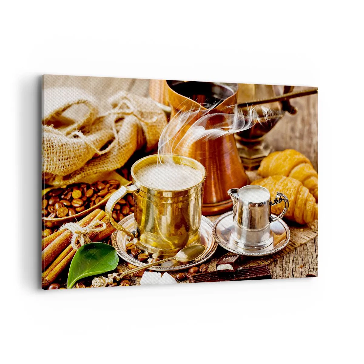 Bild auf Leinwand - Leinwandbild - Eine goldene Tasse Kaffee, umgeben von Bohnen, Krügen und Croissants - 120x80cm - Schönen Tag noch! - Moderne Wanddekoration für Wohnzimmer und Schlafzimmer ARTTOR