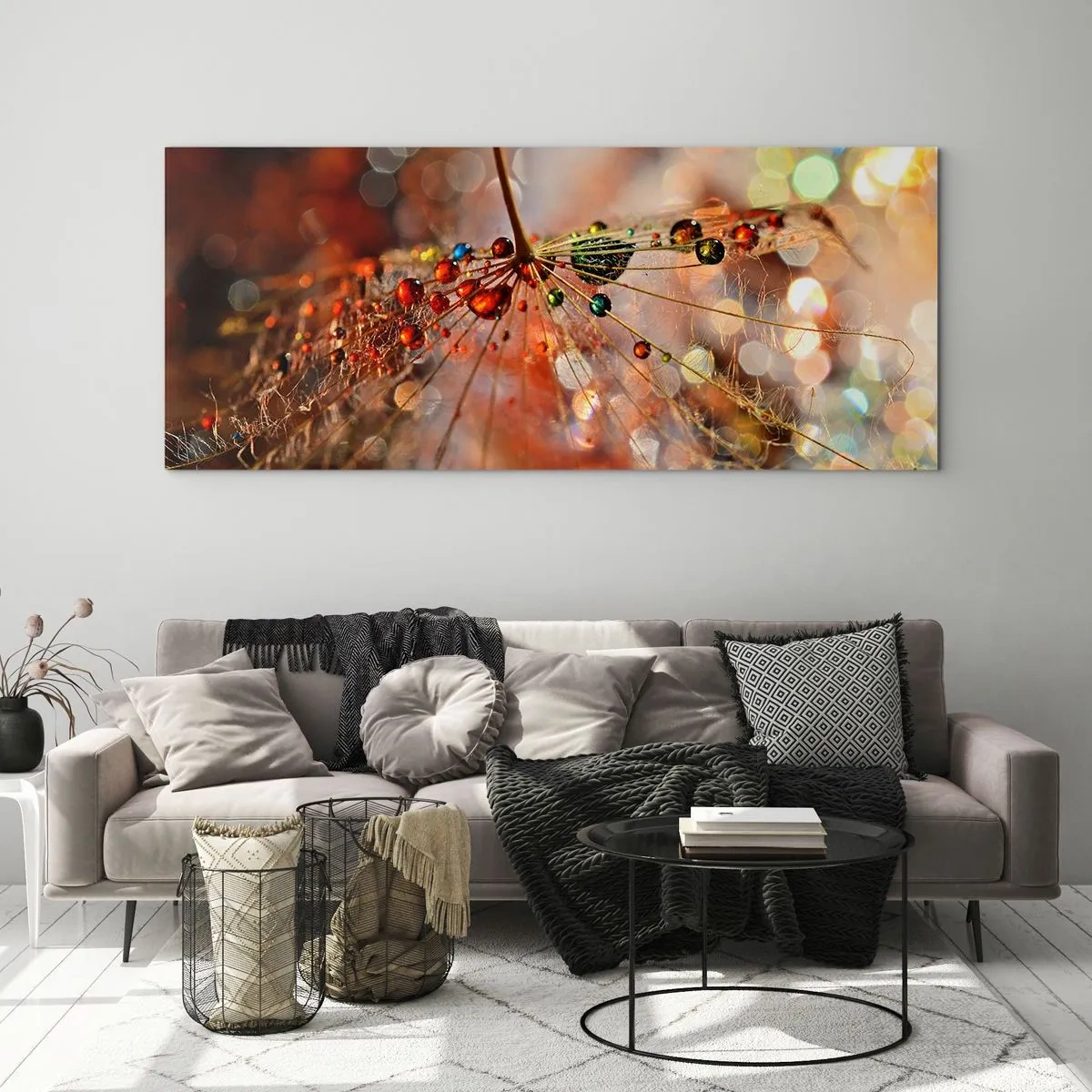 Glasbild - Bild auf glas - Makrofotografie eines Wassertropfens auf einer zarten Pflanze - 120x50cm - Auf einem Spinnenfaden aufgefädelt - Moderne Wanddekoration für Wohnzimmer und Schlafzimmer ARTTOR