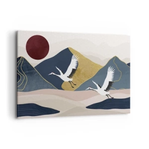 Bild auf Leinwand - Leinwandbild - Kraniche im Flug vor der Kulisse der Berge und einer roten Sonne - 120x80cm - Es ist wieder ein Tag VERFLOGEN - Moderne Wanddekoration für Wohnzimmer und Schlafzimmer ARTTOR