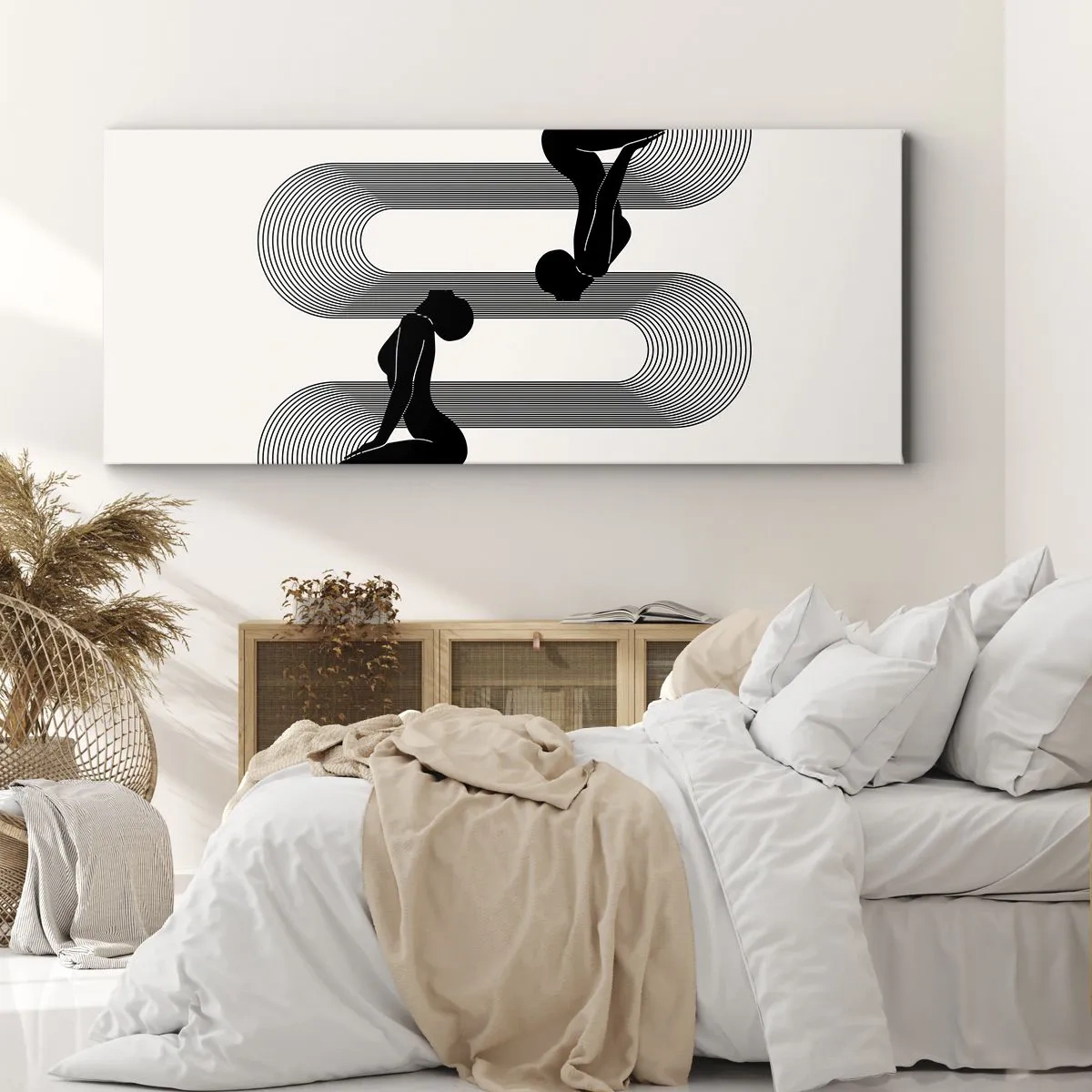 Bild auf Leinwand - Leinwandbild - Schwarze Silhouetten mit geometrischen Linien auf hellem Hintergrund - 120x50cm - Sinnliche Symmetrie - Moderne Wanddekoration für Wohnzimmer und Schlafzimmer ARTTOR