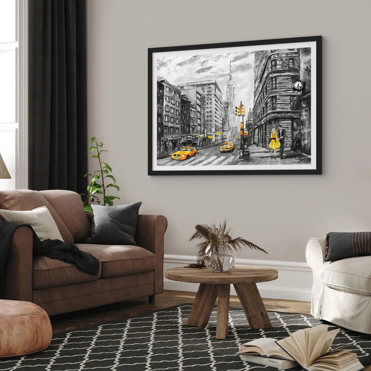 Poster in einem schwarzem Rahmen - New Yorker Straße mit gelben Akzenten - 70x50cm - Eine New Yorker Geschichte - Moderne Wanddekoration für Wohnzimmer und Schlafzimmer ARTTOR