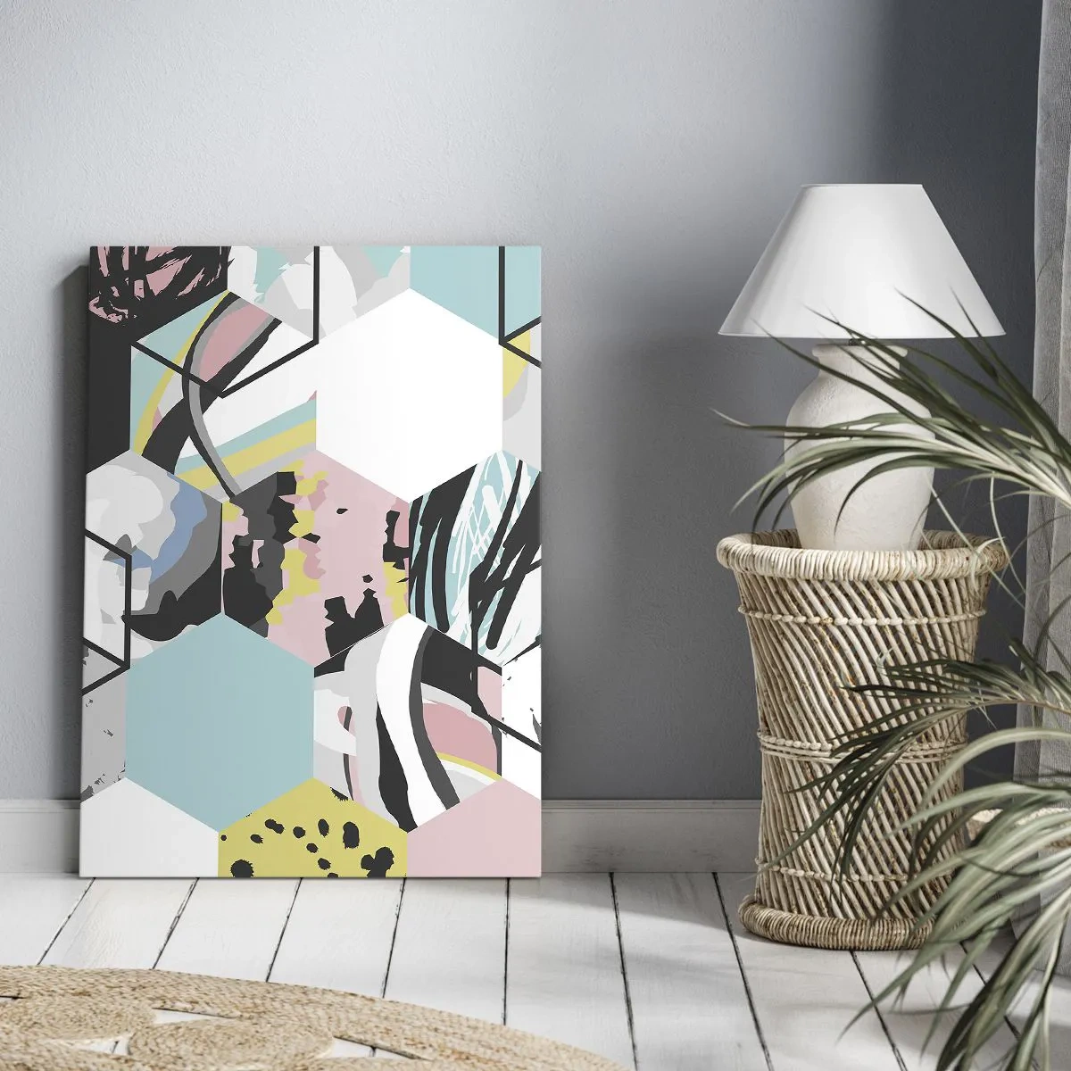 Bild auf Leinwand - Leinwandbild - Geometrisches Sechseckmuster mit farbenfrohen abstrakten Details - 50x70cm - Sechsecke und Würfel in sechs Farben - Moderne Wanddekoration für Wohnzimmer und Schlafzimmer ARTTOR