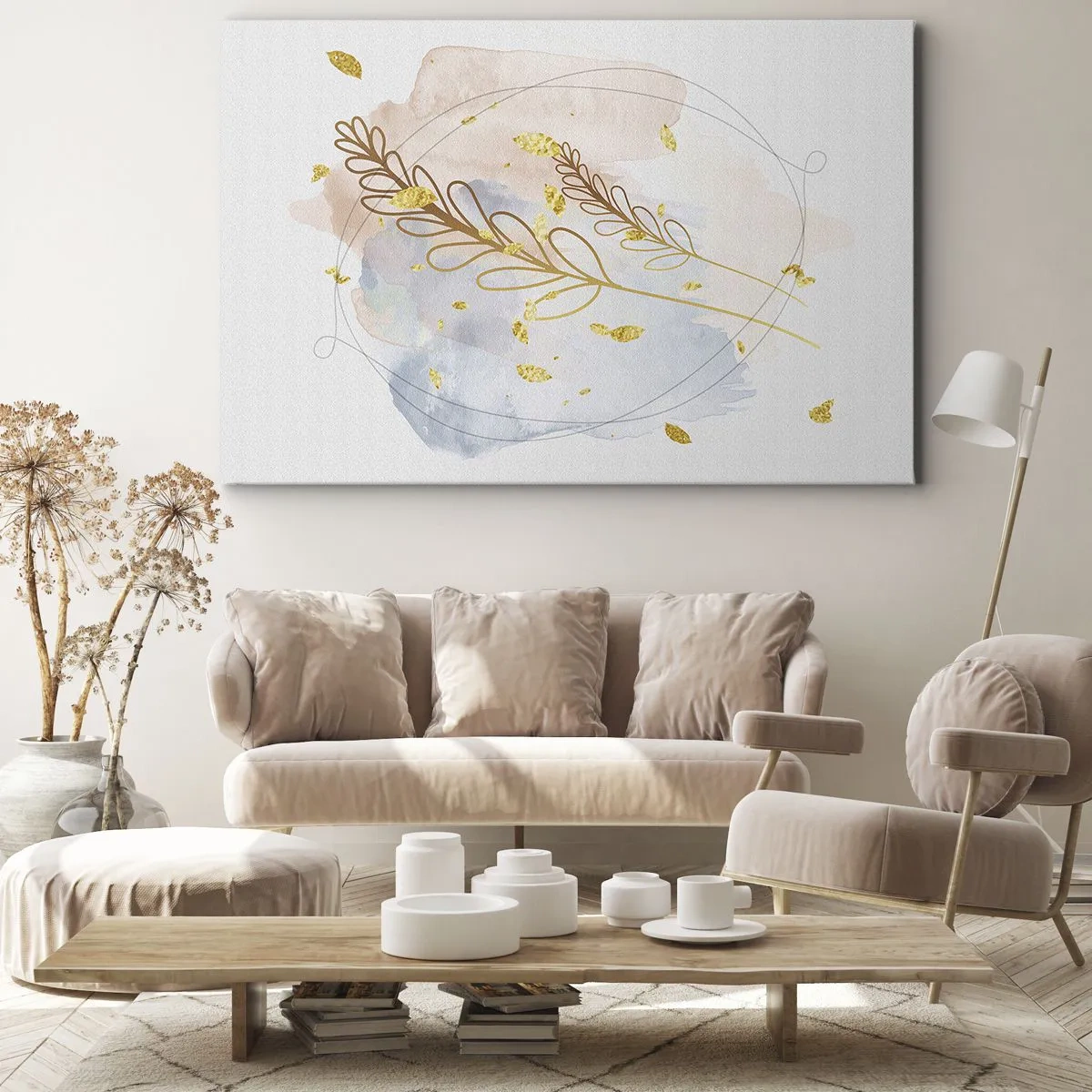 Bild auf Leinwand - Leinwandbild - Ein zartes goldenes Blattmotiv auf pastellfarbenem Hintergrund mit Aquarelldetails. - 100x70cm - Goldenr Hauch - Moderne Wanddekoration für Wohnzimmer und Schlafzimmer ARTTOR
