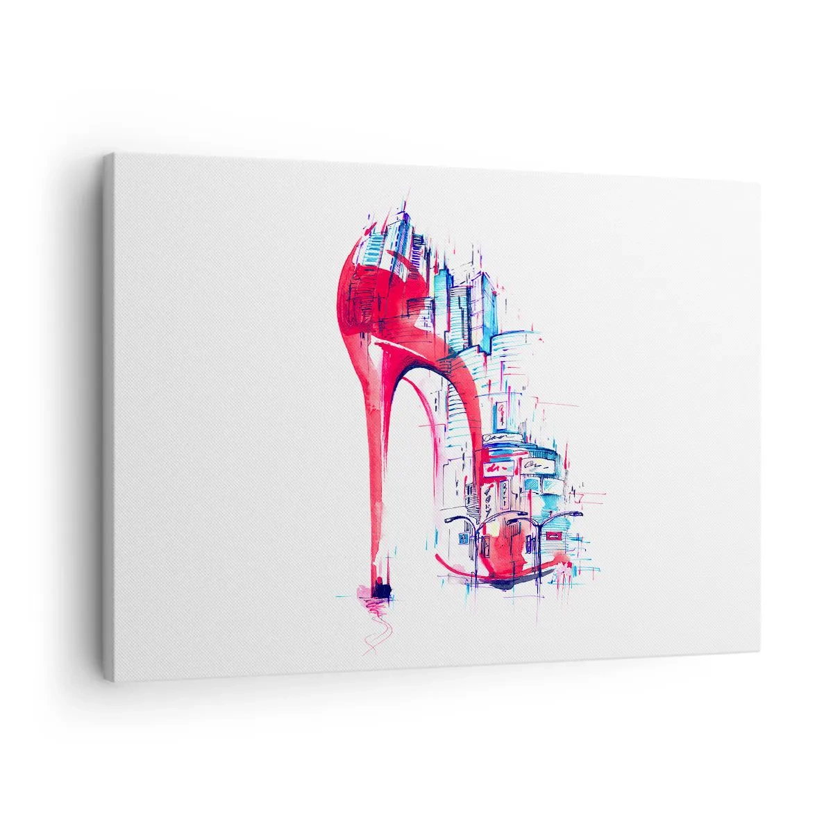 Bild auf Leinwand - Leinwandbild - Abstrakter roter Stilettoabsatz mit urbanen Details - 70x50cm - Ein Großstadt-Dandy - Moderne Wanddekoration für Wohnzimmer und Schlafzimmer ARTTOR