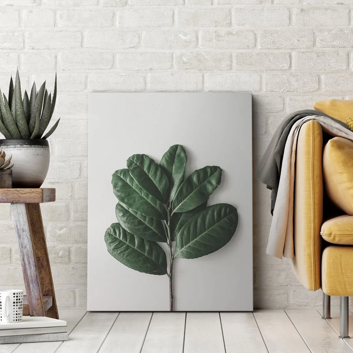 Bild auf Leinwand - Leinwandbild - Ein Zweig grüner Blätter auf hellem Hintergrund - 70x100cm - Eine Zeichnung purer Natur - Moderne Wanddekoration für Wohnzimmer und Schlafzimmer ARTTOR