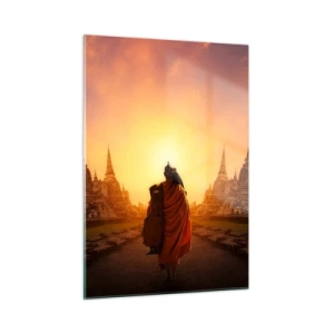 Glasbild - Bild auf glas - Ein Mönch vor der Kulisse der untergehenden Sonne und Tempel in Asien - 50x70cm - In Frieden für die Ewigkeit - Moderne Wanddekoration für Wohnzimmer und Schlafzimmer ARTTOR