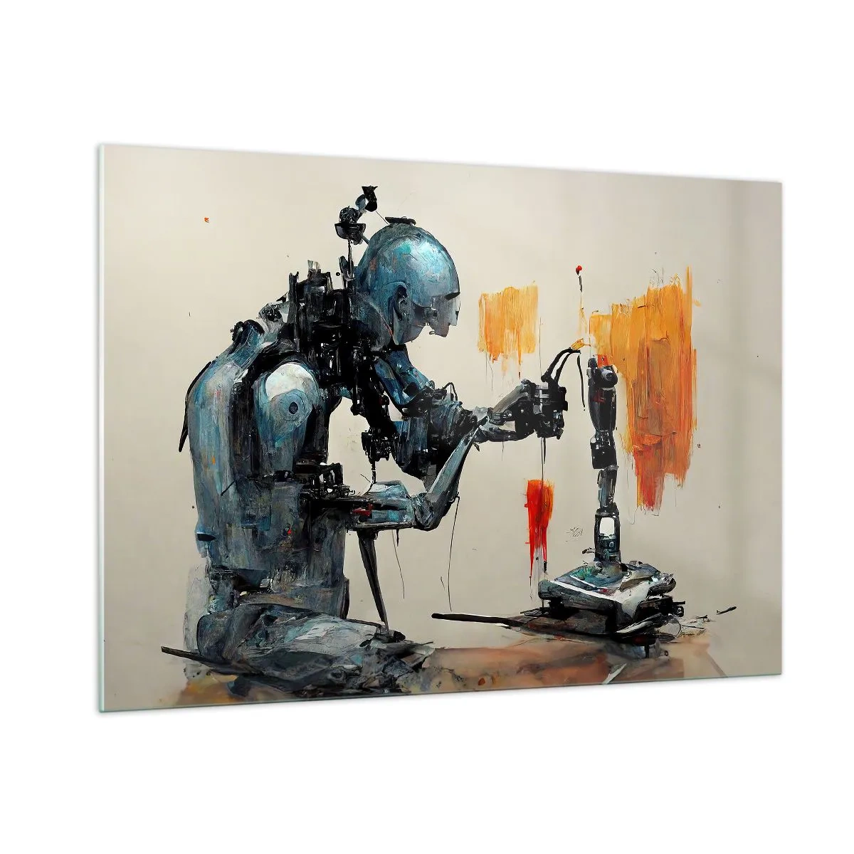 Glasbild - Bild auf glas - Ein Roboter, der eine mechanische Hand auf einen abstrakten Hintergrund malt. - 100x70cm - Schon morgen… - Moderne Wanddekoration für Wohnzimmer und Schlafzimmer ARTTOR