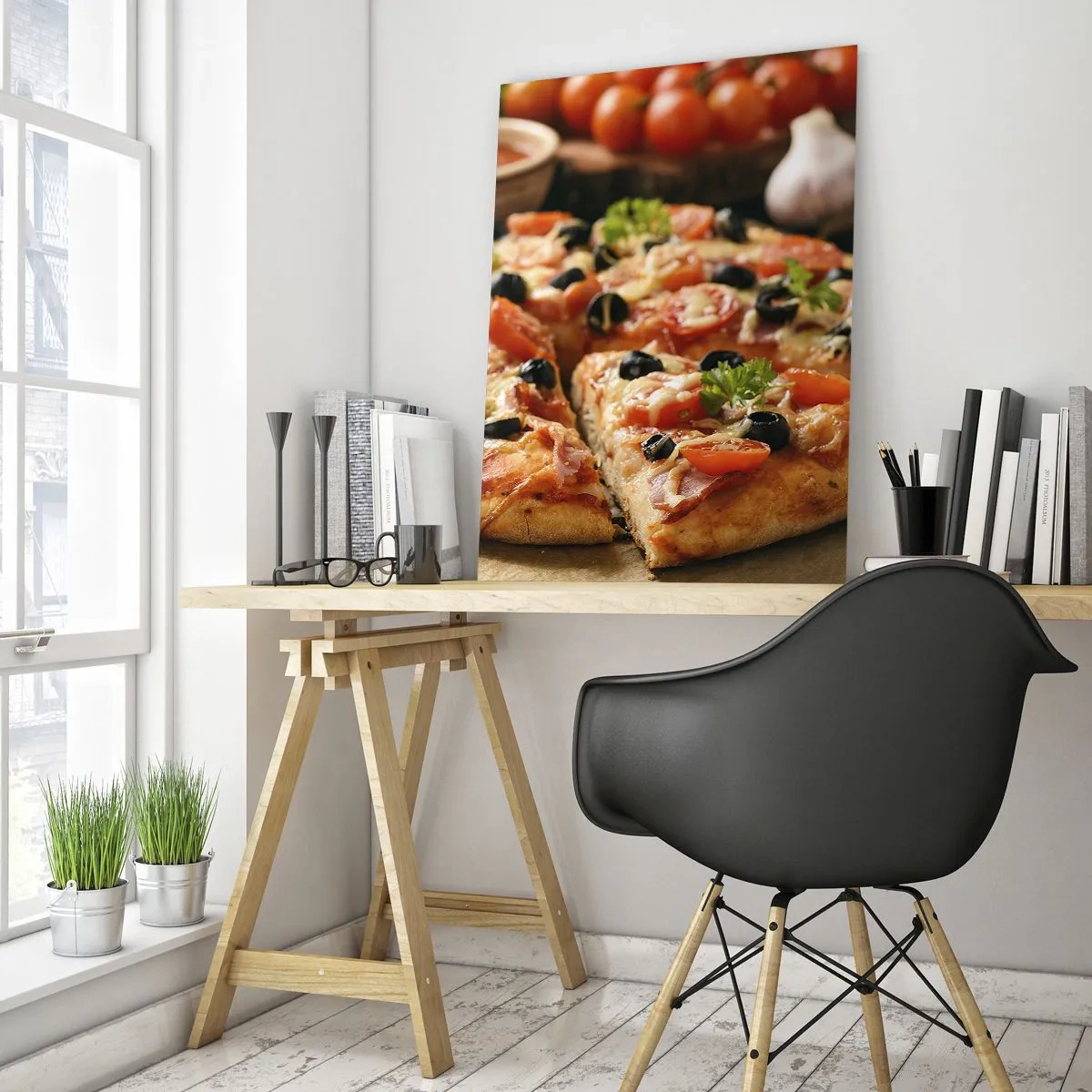 Glasbild - Bild auf glas - Appetitliche Pizza mit Tomaten, Oliven und Kräutern - 50x70cm - Du bist schon wieder davongekommen - Moderne Wanddekoration für Wohnzimmer und Schlafzimmer ARTTOR