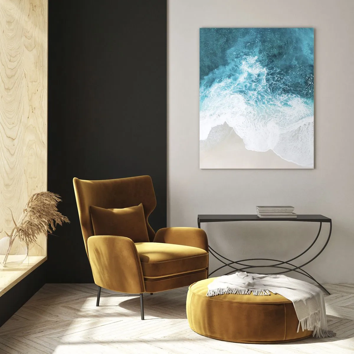 Glasbild - Bild auf glas - Luftaufnahme von Meereswellen, die gegen die Küste krachen - 50x70cm - Natürliche Liebkosung - Moderne Wanddekoration für Wohnzimmer und Schlafzimmer ARTTOR