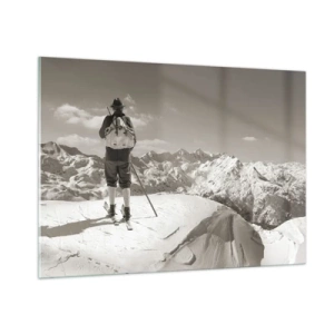 Glasbild - Bild auf glas - Skifahrer auf einem Berggipfel in Schwarz und Weiß - 100x70cm - Und die Berge bleiben unverändert - Moderne Wanddekoration für Wohnzimmer und Schlafzimmer ARTTOR