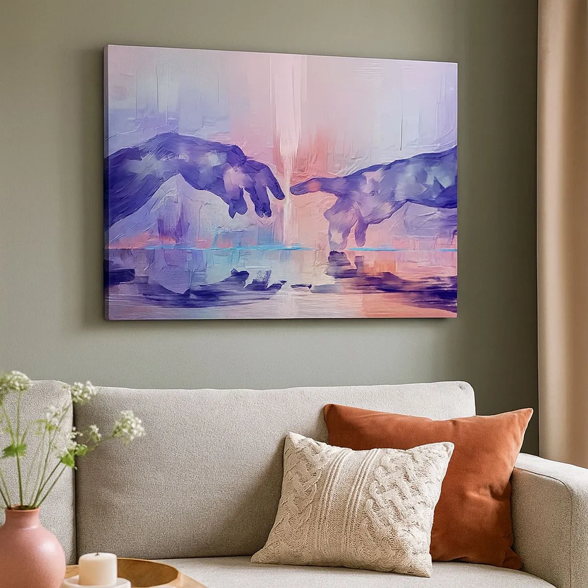 Bild auf Leinwand - Leinwandbild - Symbolische Hände in abstrakten Farben, die auf das Thema der Schöpfung verweisen - 70x50cm - Göttlicher Funke des Lebens - Moderne Wanddekoration für Wohnzimmer und Schlafzimmer ARTTOR