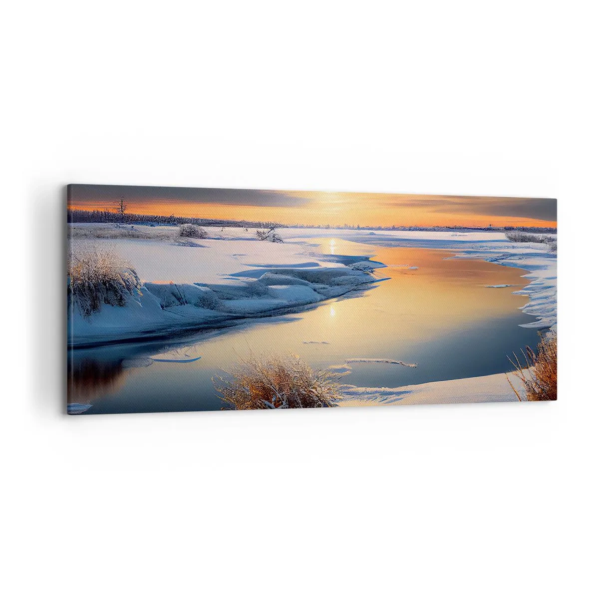 Bild auf Leinwand - Leinwandbild - Winterlandschaft mit einem Fluss bei Sonnenuntergang - 120x50cm - Wintersonnenuntergang - Moderne Wanddekoration für Wohnzimmer und Schlafzimmer ARTTOR
