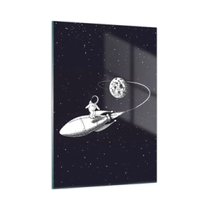 Glasbild - Bild auf glas - Cartoon-Astronaut surft auf einer Rakete im Weltraum - 50x70cm - Weltraumsurfer - Moderne Wanddekoration für Wohnzimmer und Schlafzimmer ARTTOR