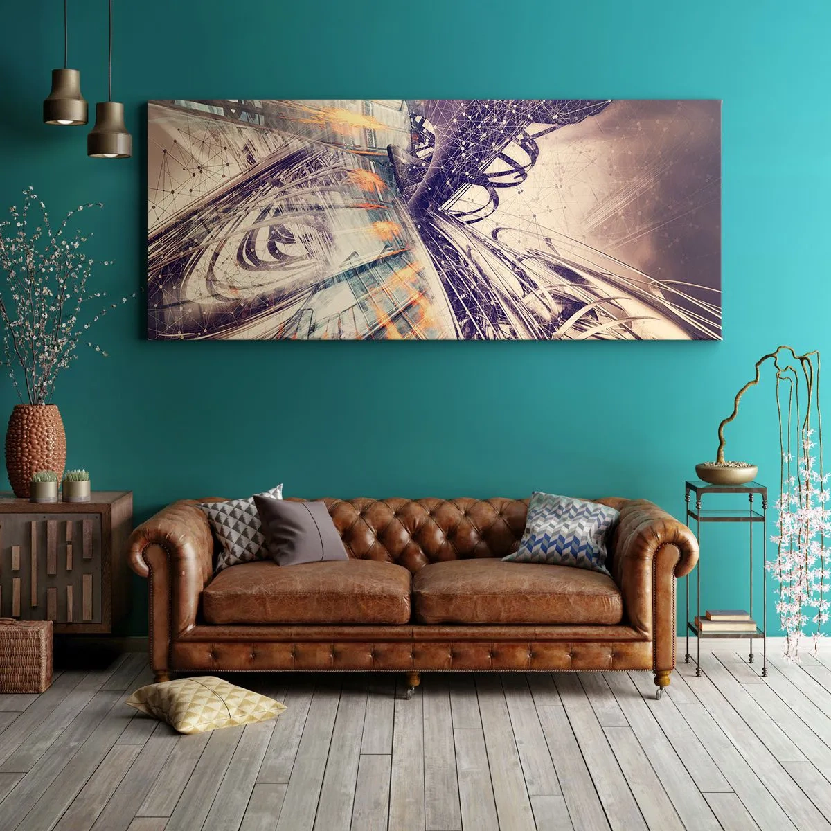 Bild auf Leinwand - Leinwandbild - Dynamische Abstraktion in Beige- und Lilatönen - 140x50cm - In großer Eile - Moderne Wanddekoration für Wohnzimmer und Schlafzimmer ARTTOR