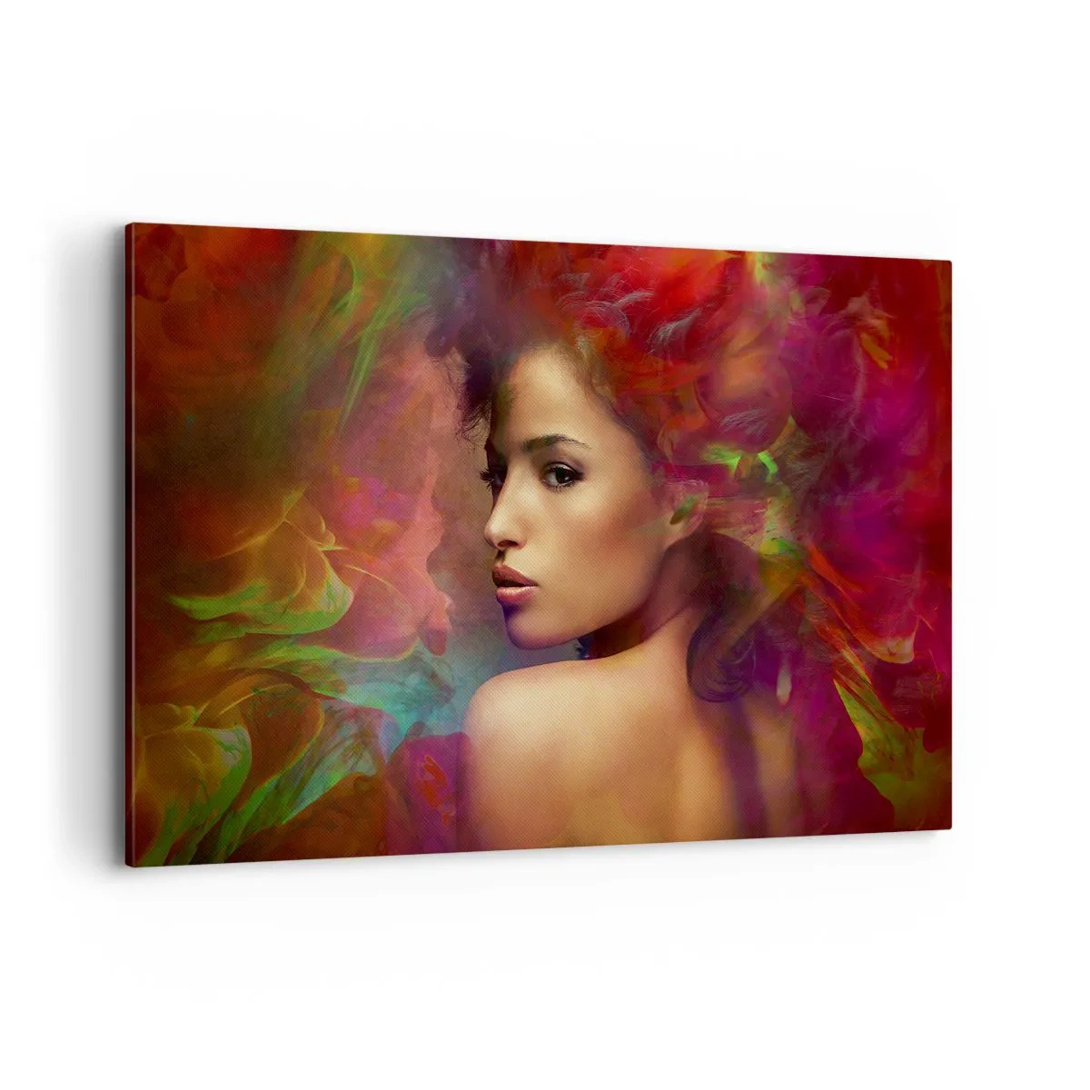 Bild auf Leinwand - Leinwandbild - Eine Frau mit bunten Reflexionen, die einen abstrakten Hintergrund erzeugen - 120x80cm - Schöner als ein Regenbogen, so zart wie ein Nebel - Moderne Wanddekoration für Wohnzimmer und Schlafzimmer ARTTOR