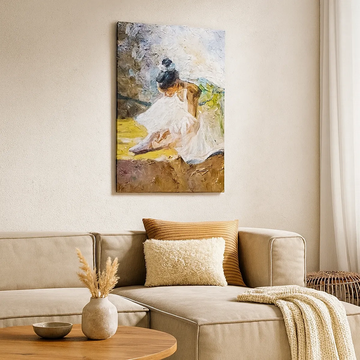 Bild auf Leinwand - Leinwandbild - Eine Ballerina in einem weißen Kleid im malerischen Stil vor einem impressionistischen Hintergrund. - 50x70cm - Aus einem Gemälde von Degas - Moderne Wanddekoration für Wohnzimmer und Schlafzimmer ARTTOR