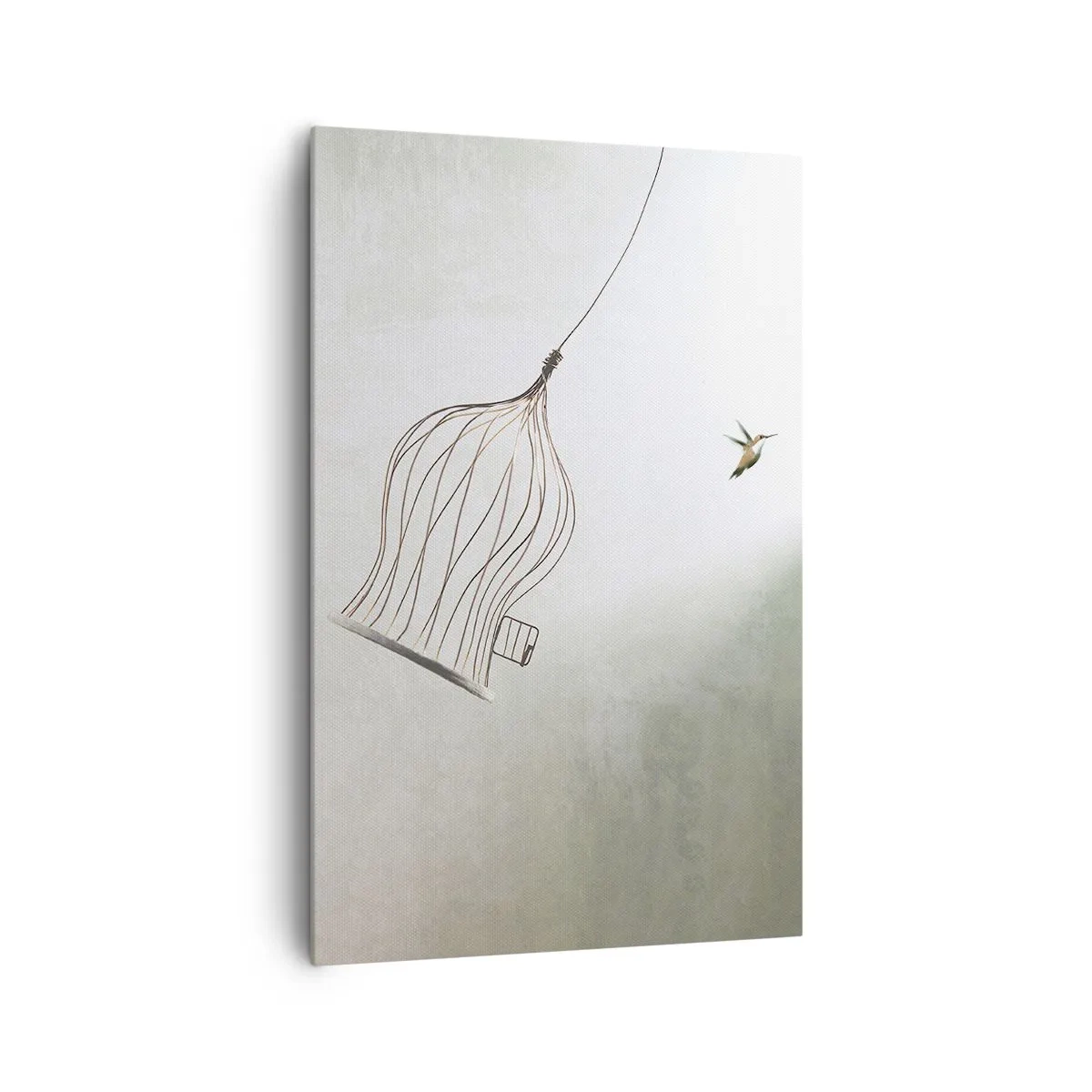 Bild auf Leinwand - Leinwandbild - Ein aus einem Käfig befreiter Vogel vor dem Hintergrund eines hellen Himmels - 80x120cm - In seinem Element - Moderne Wanddekoration für Wohnzimmer und Schlafzimmer ARTTOR