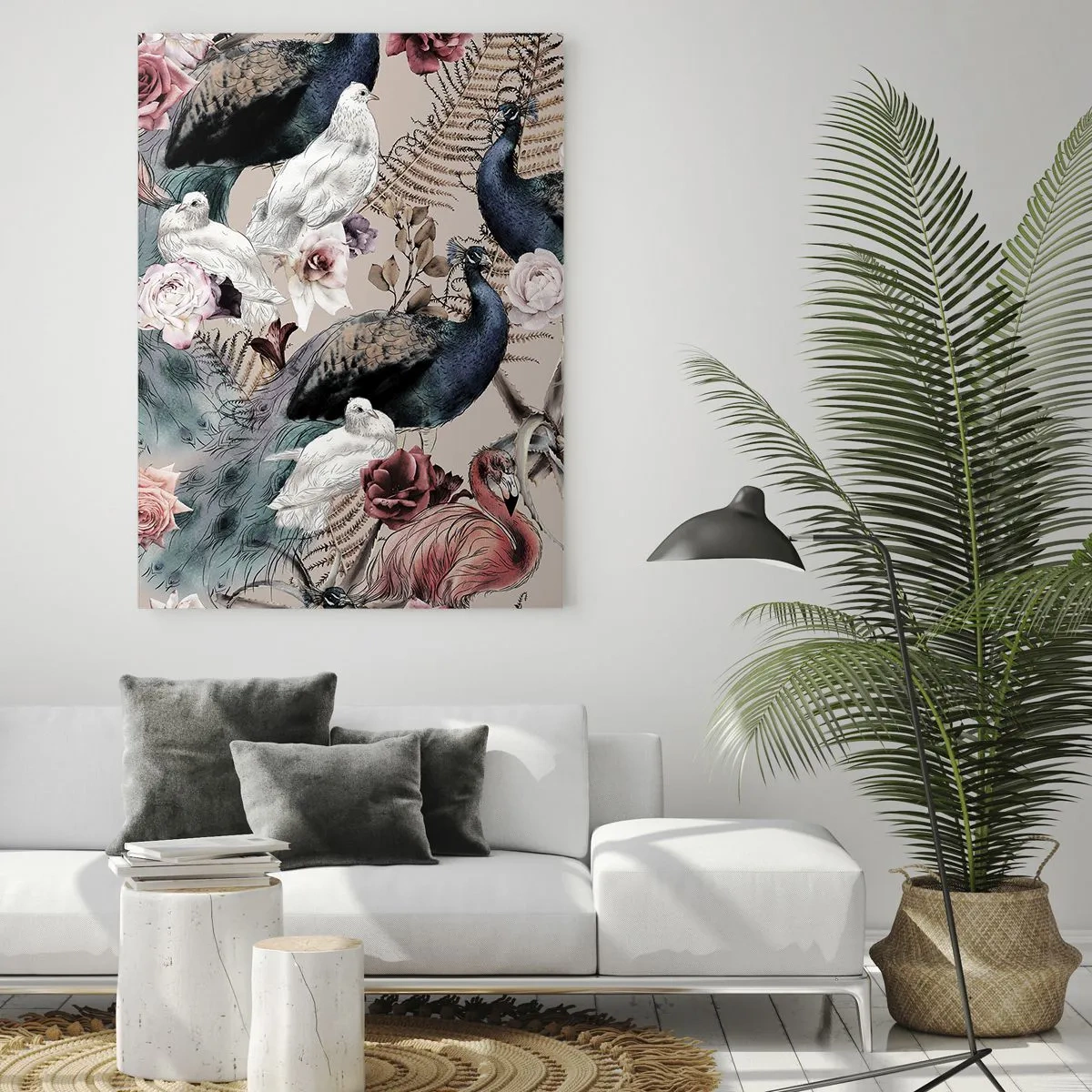 Glasbild - Bild auf glas - Eine Landschaft mit Pfauenfedern, Rosen und Vögeln im romantischen Stil. - 80x120cm - Im Schlossgarten - Moderne Wanddekoration für Wohnzimmer und Schlafzimmer ARTTOR