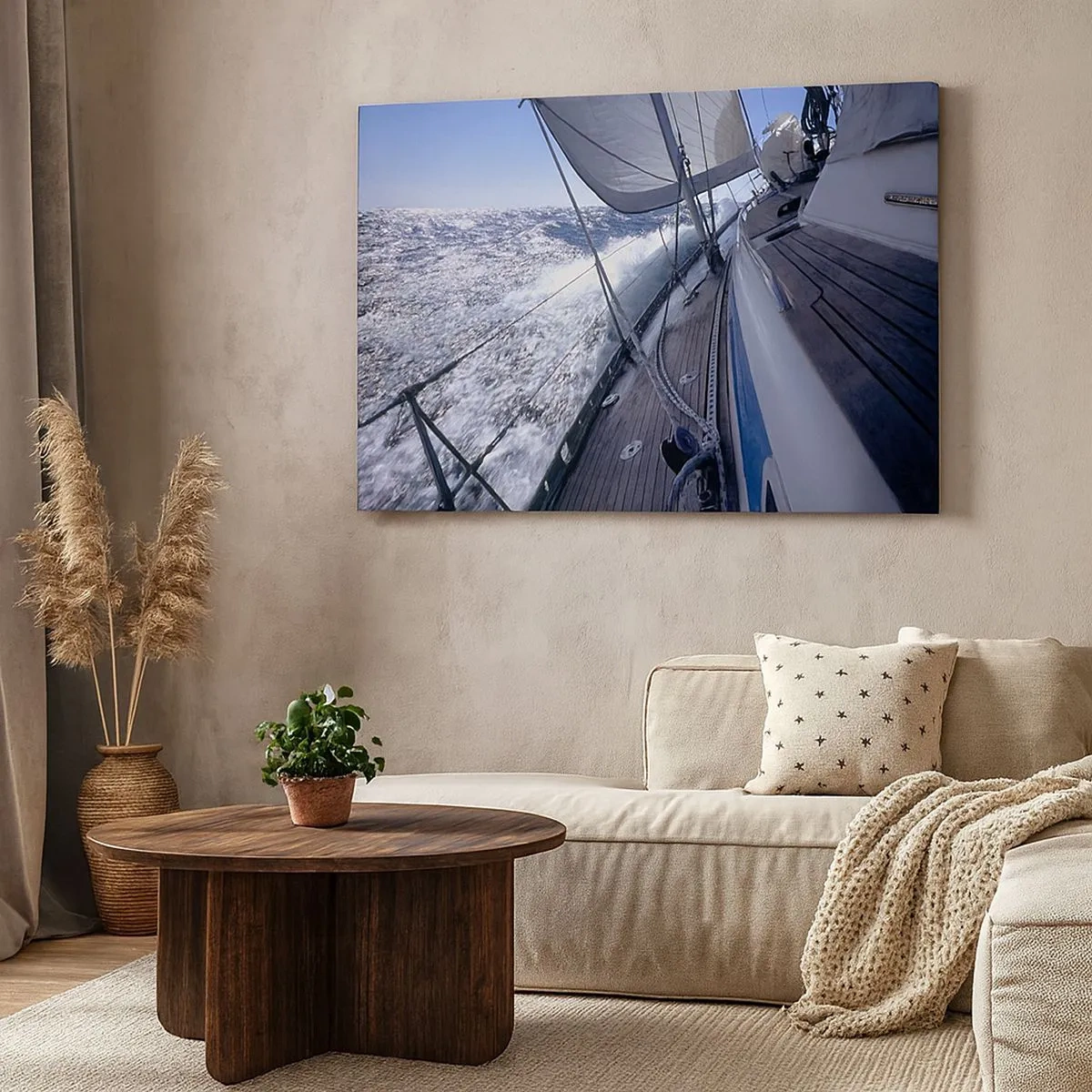 Bild auf Leinwand - Leinwandbild - Ein Segelboot in stürmischer See mit weißen Segeln und einem Holzdeck. - 70x50cm - Ich weiß was es heißt ein Vogel zu sein - Moderne Wanddekoration für Wohnzimmer und Schlafzimmer ARTTOR