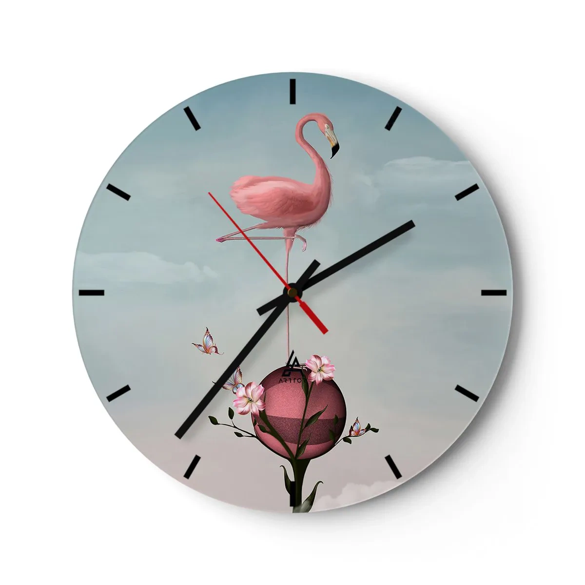 Wanduhr - Glasuhr - Ein rosa Flamingo, der auf einer mit Blumen geschmückten Kugel steht. - 30x30cm - Basketball-Allegorie - Moderne Wanddekoration für Wohnzimmer, Küche und Schlafzimmer ARTTOR