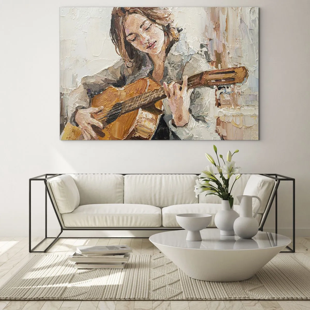 Glasbild - Bild auf glas - Ein Mädchen, das im impressionistischen Stil Gitarre spielt - 100x70cm - Konzert für Gitarre und Mädchenherz - Moderne Wanddekoration für Wohnzimmer und Schlafzimmer ARTTOR