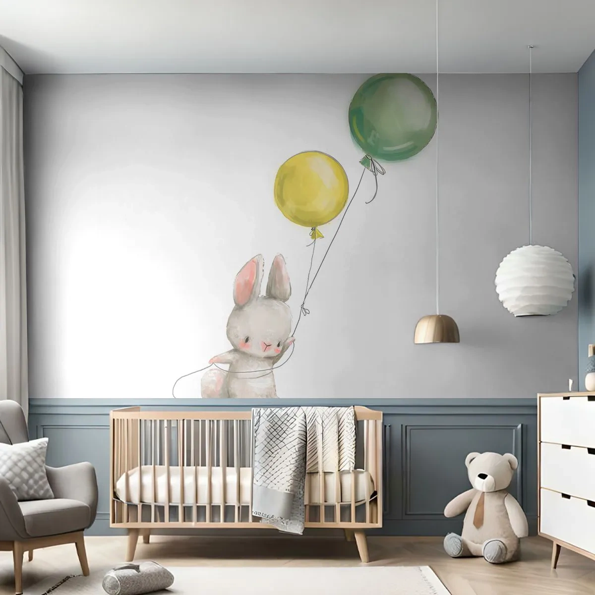 Fototapete Premium Sand - Entzückendes Häschen, das auf Luftballons in Aquarell schwebt - 100x70cm - Ich werde auch fliegen! - Moderne Wanddekoration für Wohnzimmer und Schlafzimmer ARTTOR