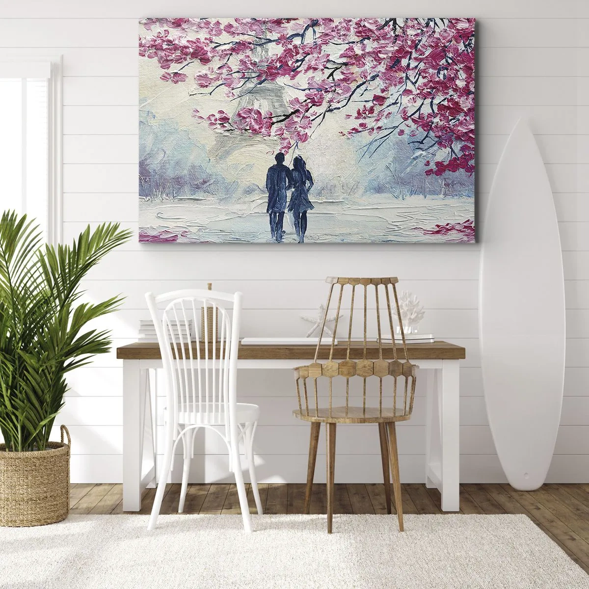 Bild auf Leinwand - Leinwandbild - Ein Paar unter blühenden rosa Bäumen in romantischer Umgebung - 70x50cm - Romantischer Spaziergang - Moderne Wanddekoration für Wohnzimmer und Schlafzimmer ARTTOR
