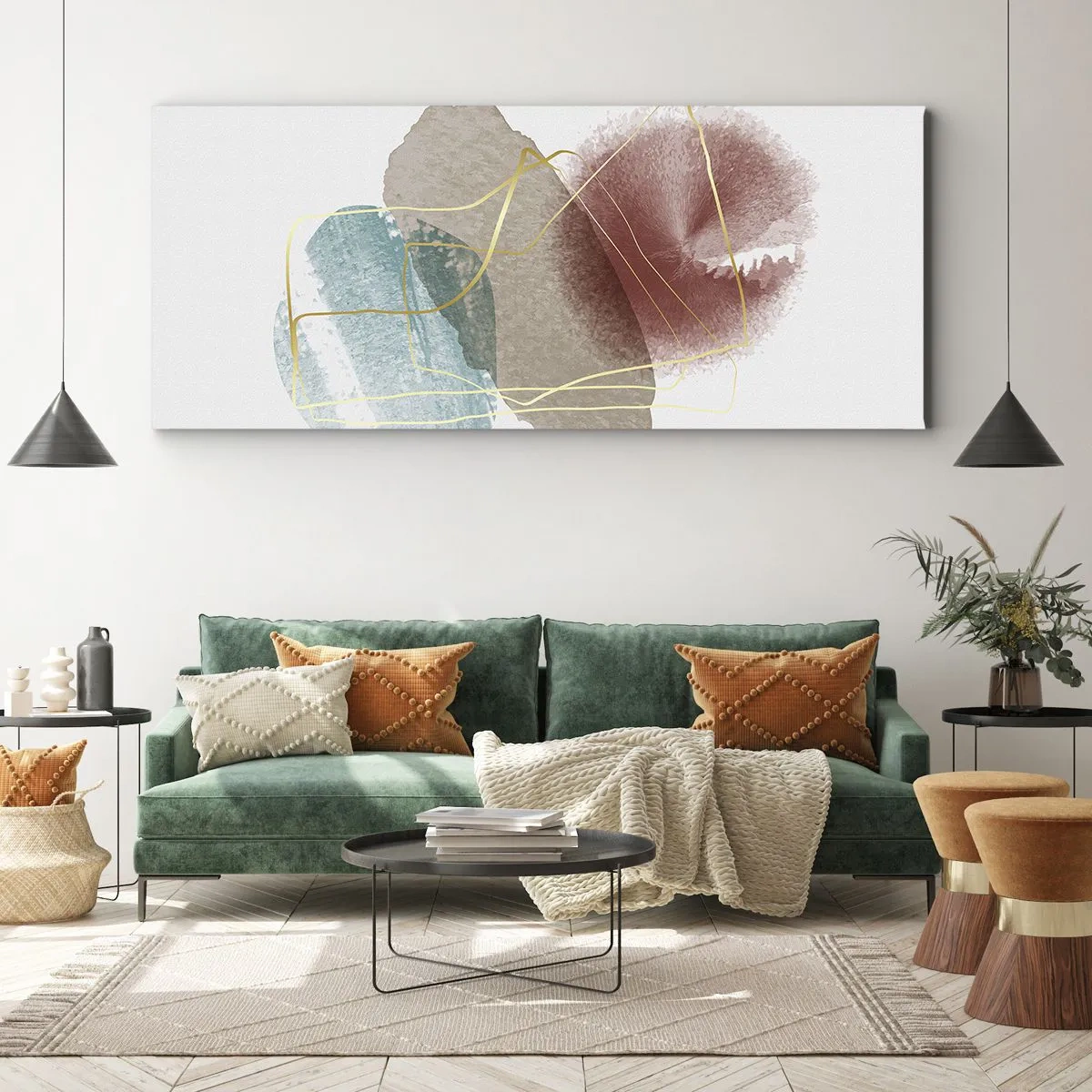 Bild auf Leinwand - Leinwandbild - Abstrakte Formen mit zarten Farben und goldenen Linien - 140x50cm - Korallen des Weltraums - Moderne Wanddekoration für Wohnzimmer und Schlafzimmer ARTTOR