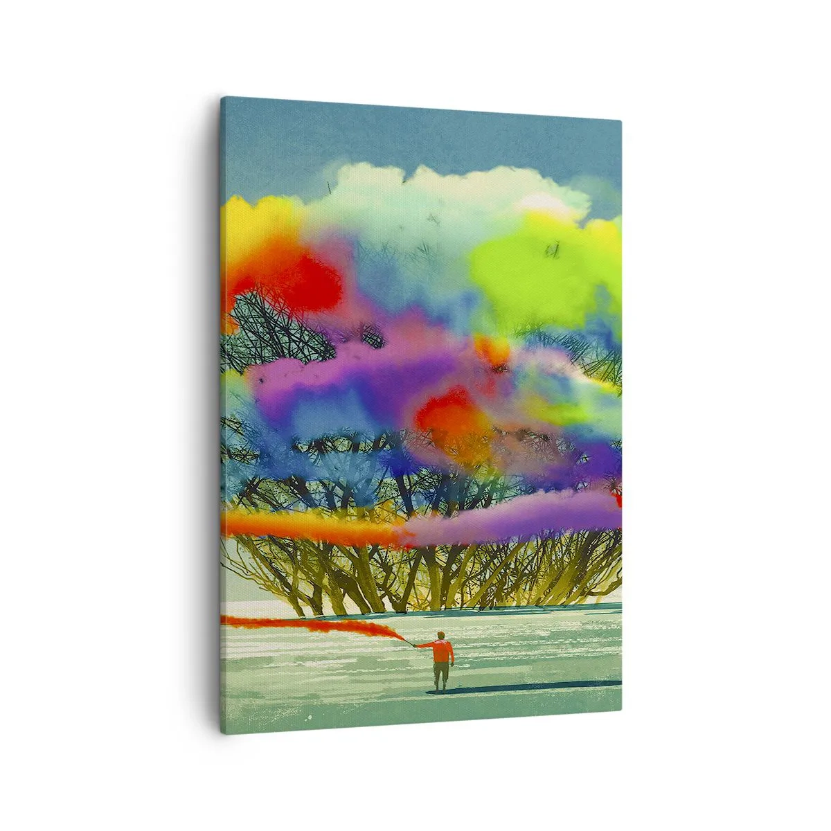 Bild auf Leinwand - Leinwandbild - Eine Figur mit farbigem Rauch im Hintergrund eines Baumes in der Wildnis - 50x70cm - Erwecke diese Welt zum Leben - Moderne Wanddekoration für Wohnzimmer und Schlafzimmer ARTTOR