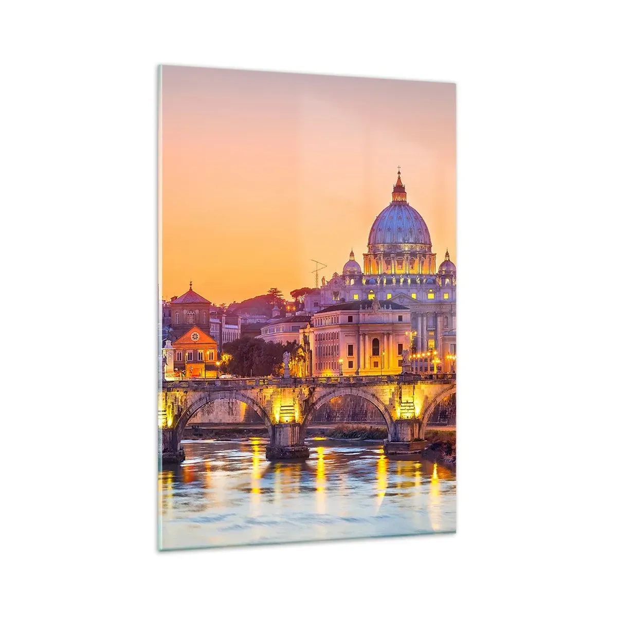 Glasbild - Bild auf glas - Panorama des Vatikans bei Sonnenuntergang mit einer Brücke über den Fluss - 80x120cm - Sonnenuntergang über der ewigen Stadt - Moderne Wanddekoration für Wohnzimmer und Schlafzimmer ARTTOR