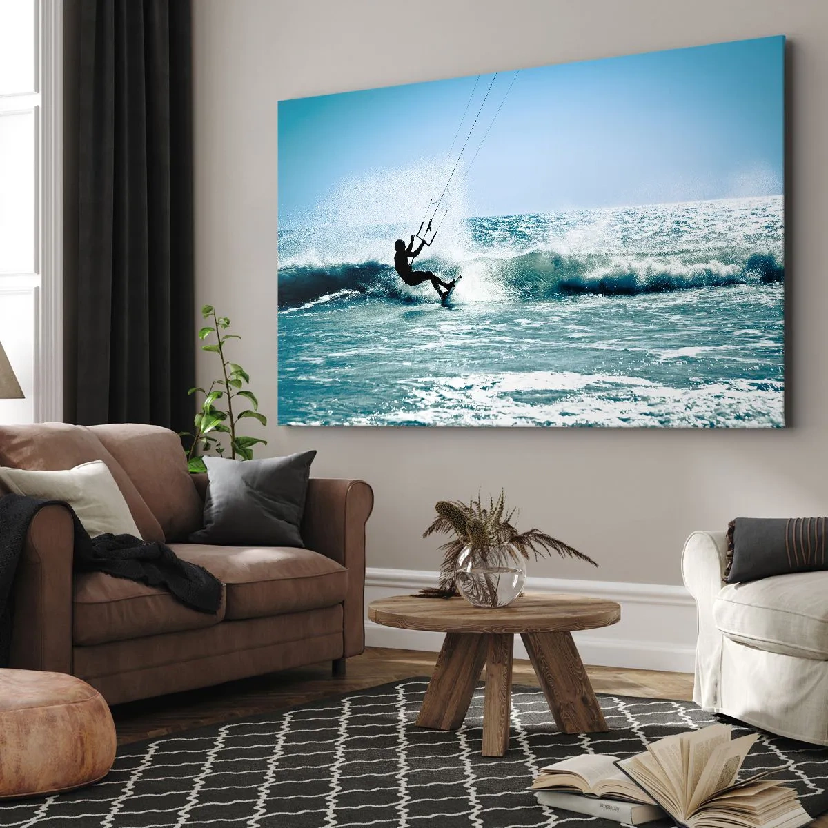 Bild auf Leinwand - Leinwandbild - Kitesurfer reitet eine Welle in der vollen Sonne - 120x80cm - Hinreißen lassen - Moderne Wanddekoration für Wohnzimmer und Schlafzimmer ARTTOR