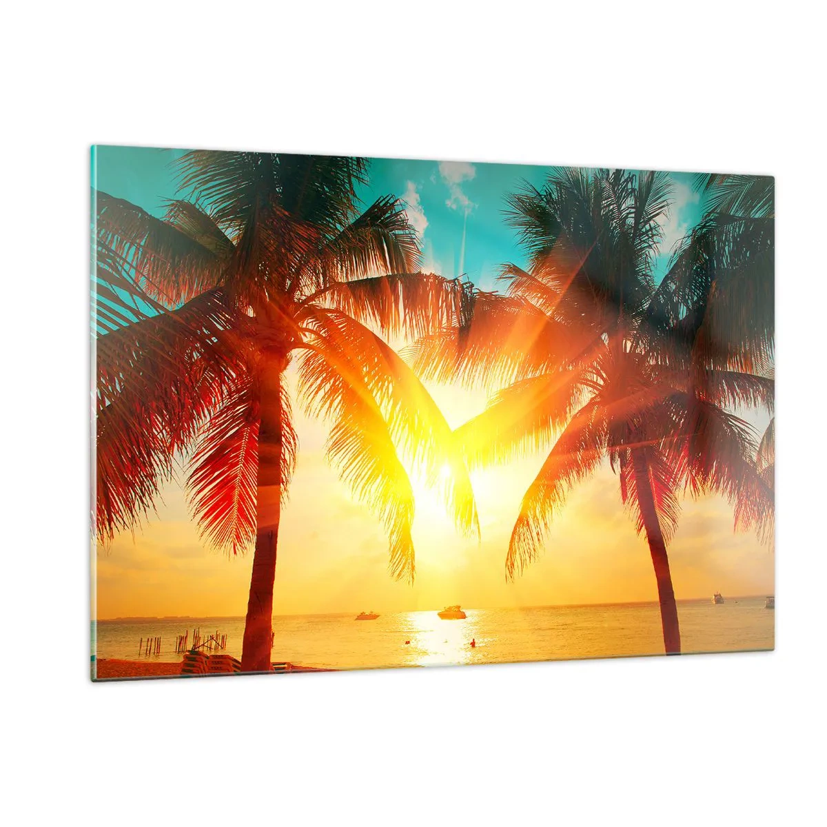 Glasbild - Bild auf glas - Sonnenbeschienene Palmen über einem tropischen Strand - 120x80cm - Exotisches Paar - Moderne Wanddekoration für Wohnzimmer und Schlafzimmer ARTTOR