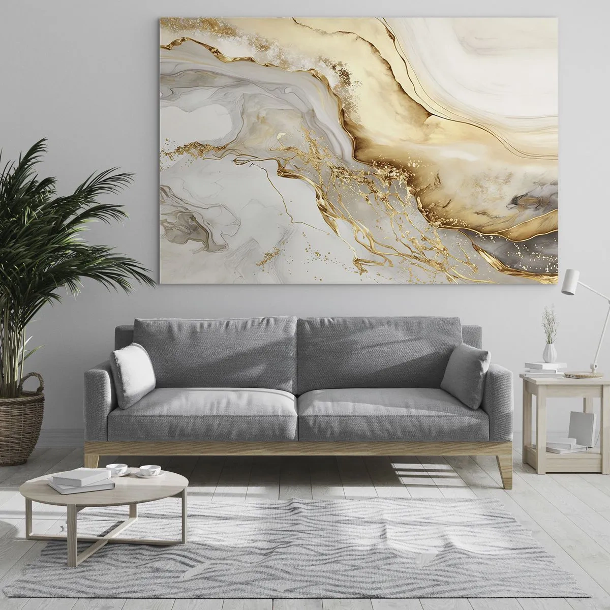 Glasbild - Bild auf glas - Abstrakte Streifen in Gold und Beige auf hellem Hintergrund - 70x50cm - Abstraktion: Schönheit und Güte - Moderne Wanddekoration für Wohnzimmer und Schlafzimmer ARTTOR