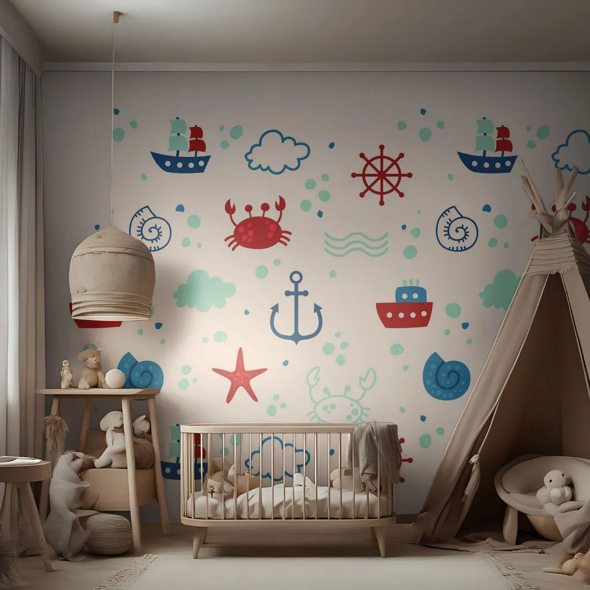 Fototapete Premium Sand - Nautisches Muster mit Ankern, Schiffen und Krabben auf weißem Hintergrund - 100x70cm - Märchen vom Meer - Moderne Wanddekoration für Wohnzimmer und Schlafzimmer ARTTOR