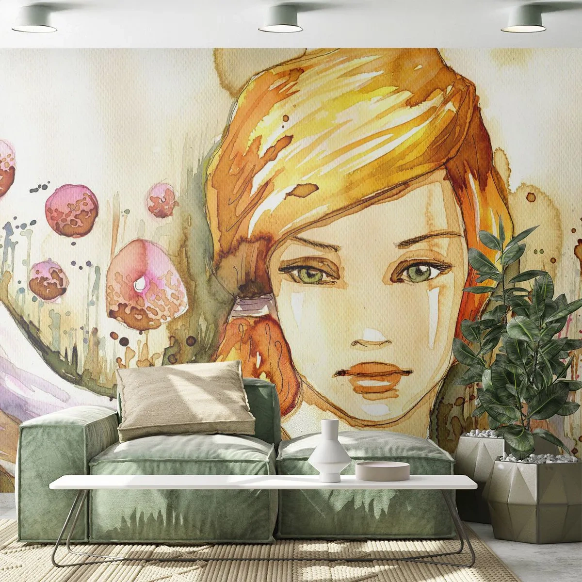 Fototapete Premium Sand - Aquarell-Illustration eines Mädchens mit roten Haaren - 100x70cm - Ein smaragdgrüner Look, der die Wut beruhigt - Moderne Wanddekoration für Wohnzimmer und Schlafzimmer ARTTOR