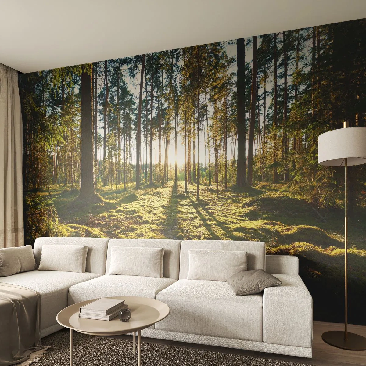 Fototapete Premium Sand - Sonniger Wald mit grünem Moos und langen Baumschatten - 100x70cm - … Hinter den sieben Wäldern - Moderne Wanddekoration für Wohnzimmer und Schlafzimmer ARTTOR