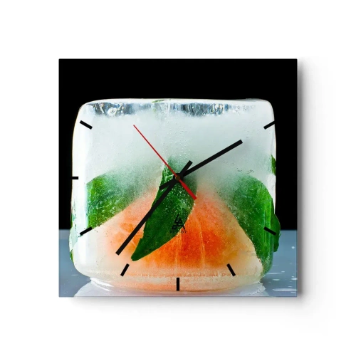 Wanduhr - Glasuhr - Eiswürfel mit Orange und Blättern - 30x30cm - Frisch und kühl - Moderne Wanddekoration für Wohnzimmer und Schlafzimmer ARTTOR