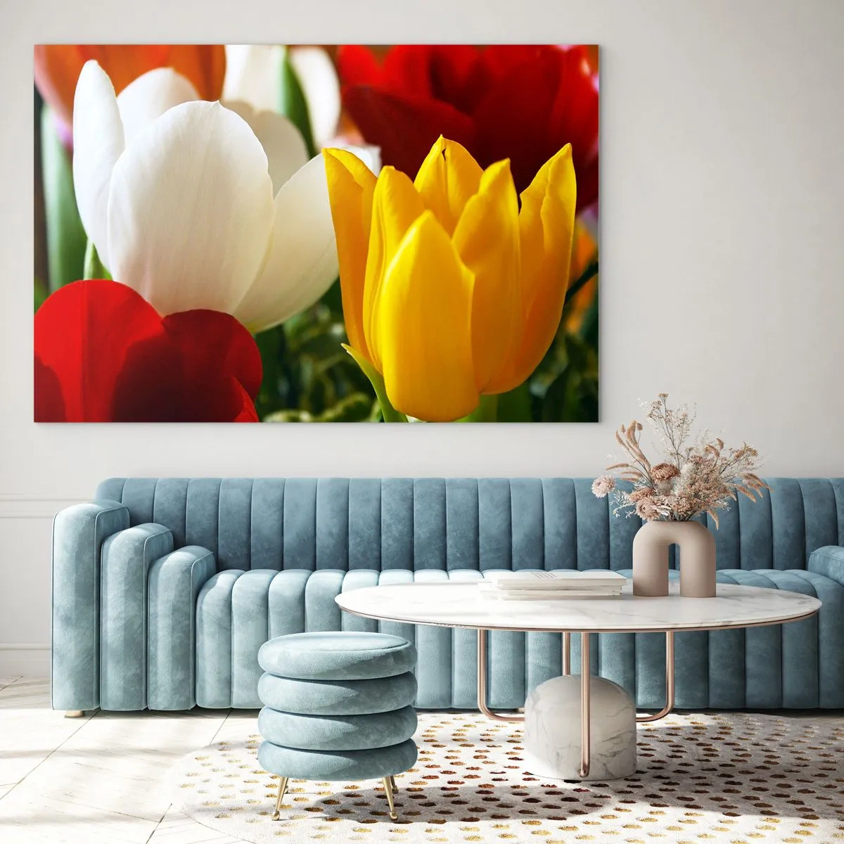 Glasbild - Bild auf glas - Bunte Tulpen Nahaufnahme - 100x70cm - Tulpenfieber - Moderne Wanddekoration für Wohnzimmer und Schlafzimmer ARTTOR