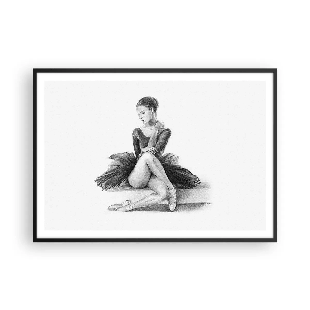 Poster in einem schwarzem Rahmen - Eine Skizze einer Ballerina im dezenten, klassischen Stil - 100x70cm - Vom Tanz verzaubert - Moderne Wanddekoration für Wohnzimmer und Schlafzimmer ARTTOR