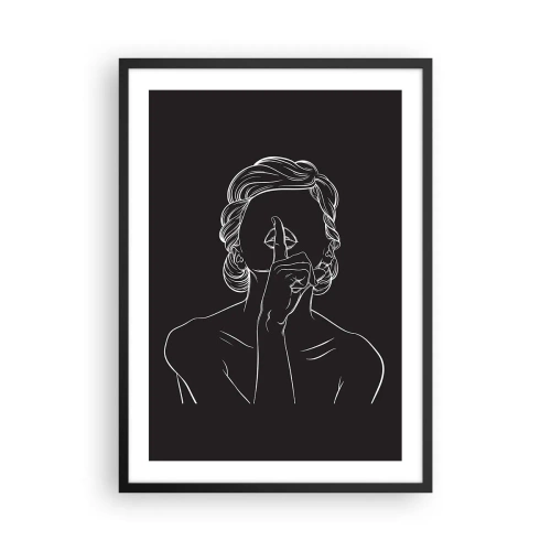 Poster in einem schwarzem Rahmen - Eine minimalistische Illustration einer Frau, die vor einem schwarzen Hintergrund eine Schweigegeste macht. - 50x70cm - Schönheit erblüht in der Stille - Moderne Wanddekoration für Wohnzimmer und Schlafzimmer ARTTOR